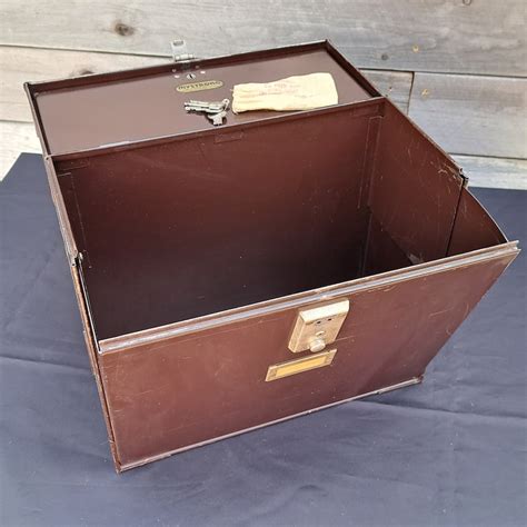 mystrong portable metal file box|Vintage Brown Metal File Box Mystrong Mid Century .